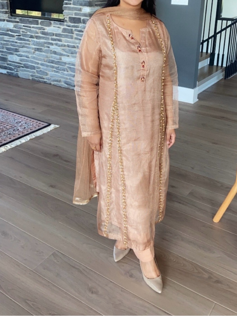 Elegant Peach Long Sleeve Embellished Kurta Dress